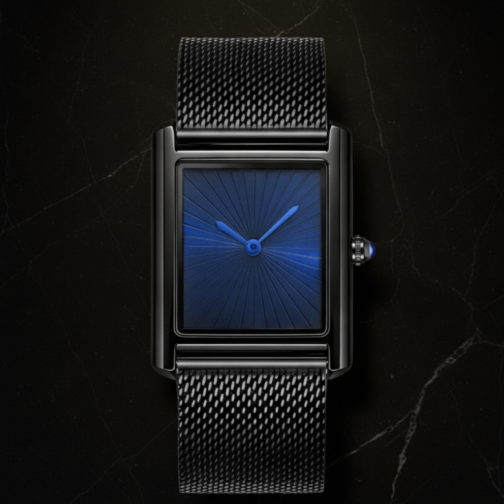 Montre carrée homme étanche — Noir, cadran bleu