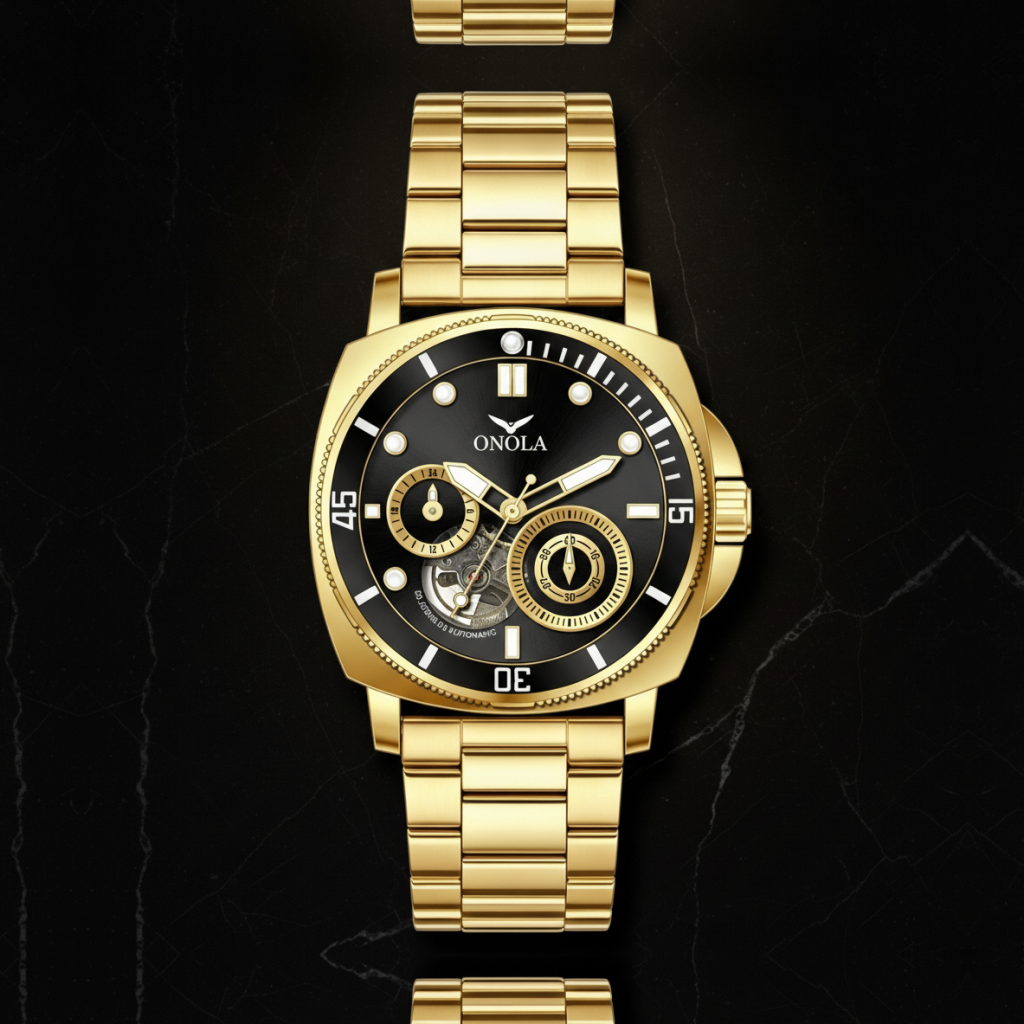 Montre automatique squelette homme bracelet acier — Doré et noir