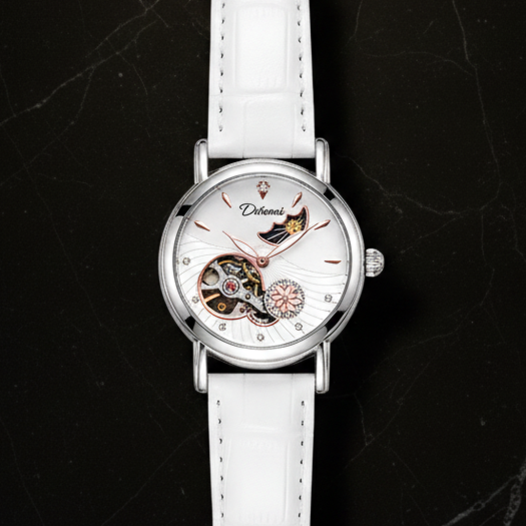 Montre automatique femme phase de lune cadran floral — Argenté et blanc