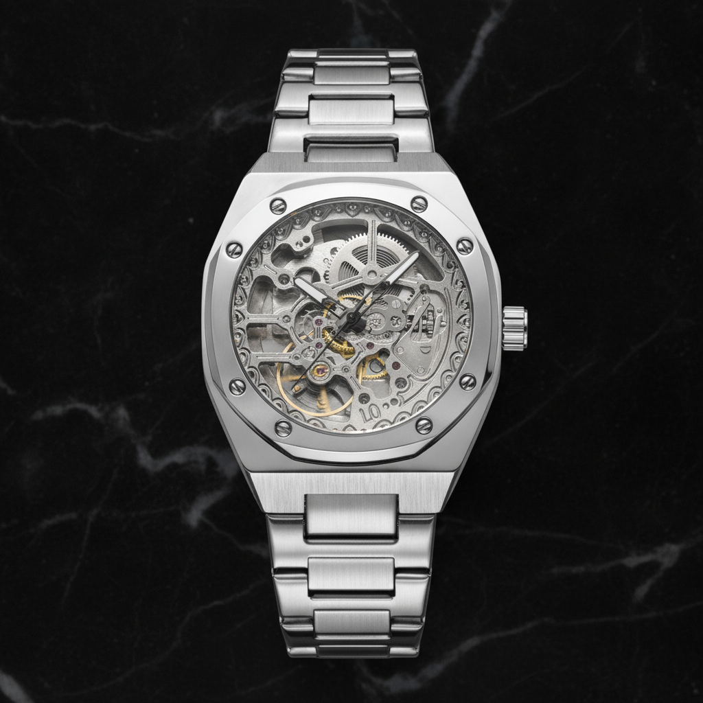 Montre automatique squelette bracelet acier — Argenté