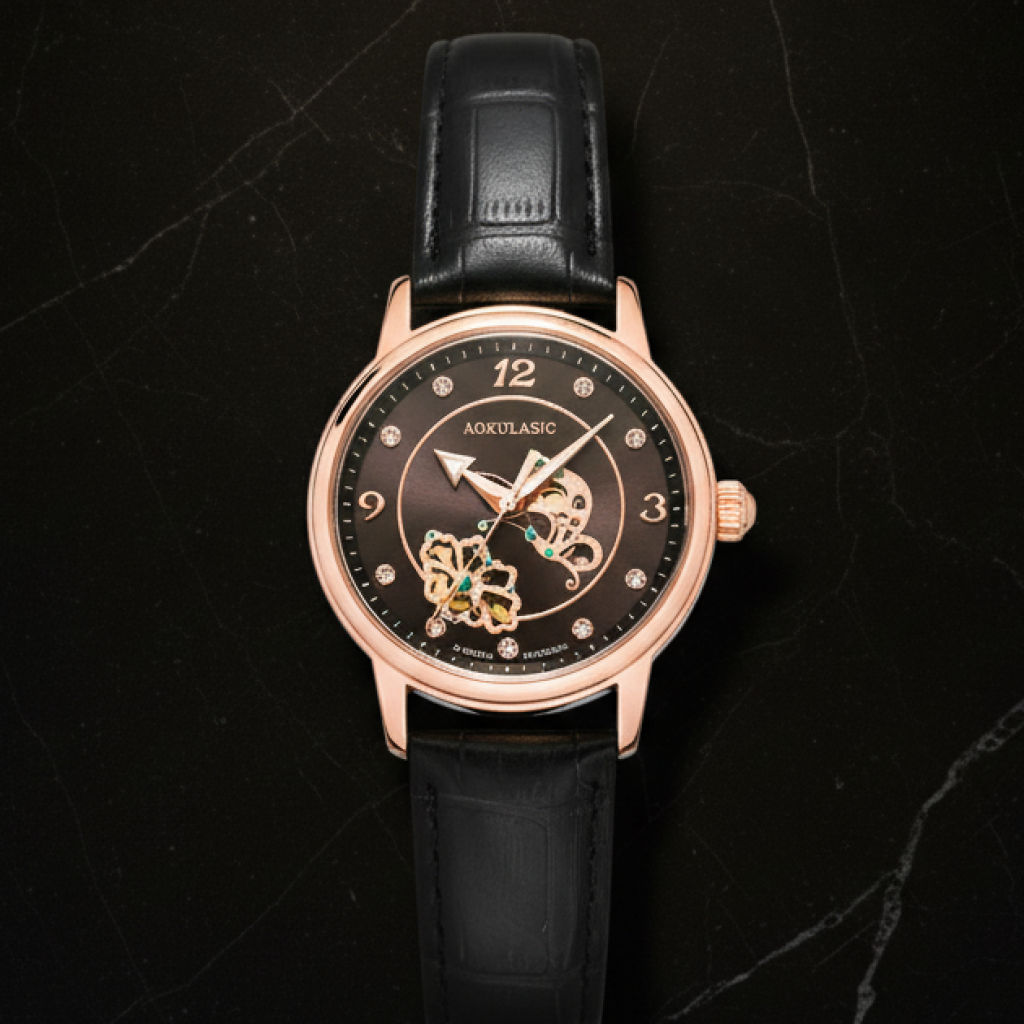 Montre automatique squelette femme bracelet cuir — Rose