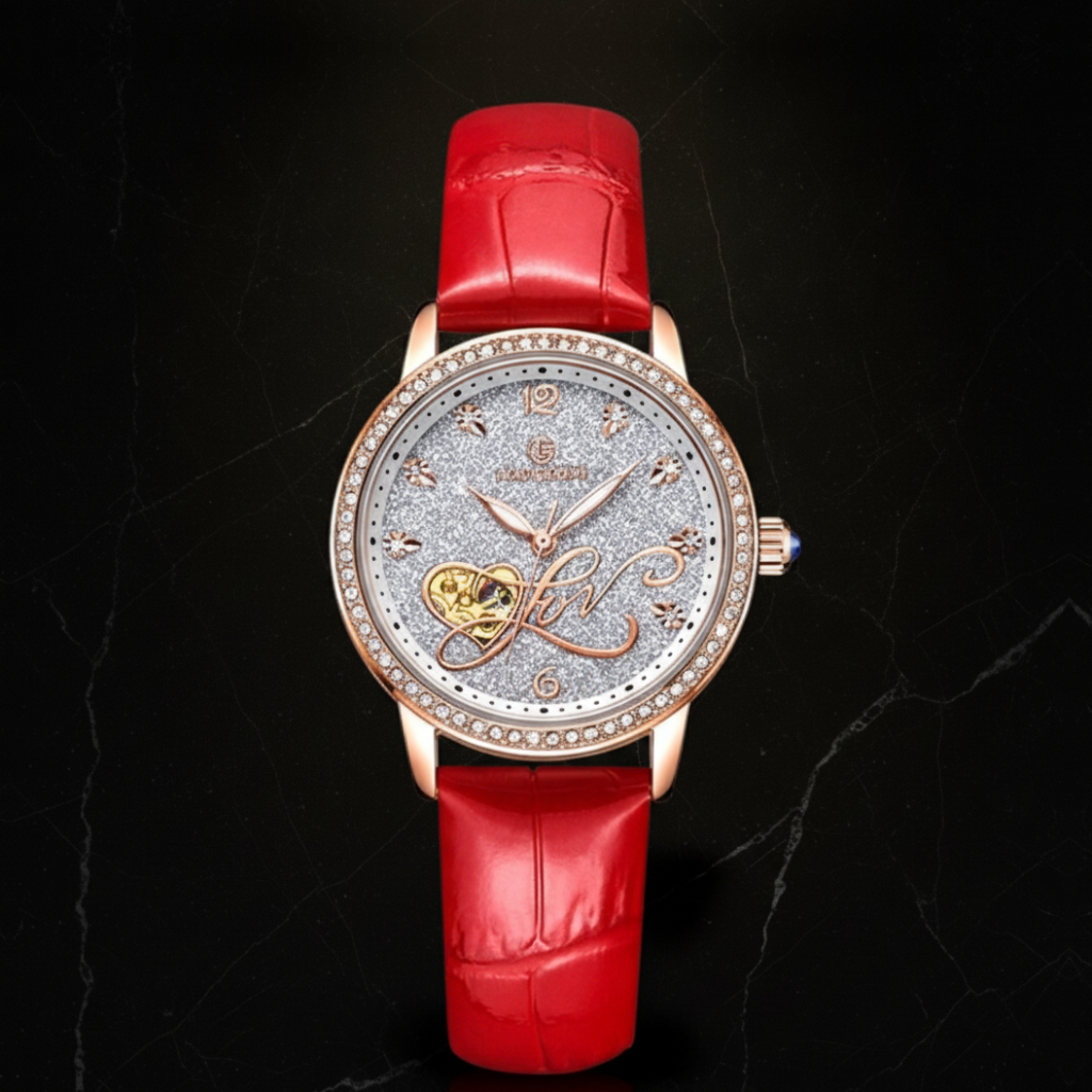 Montre automatique femme cadran cristaux — Rose rouge blanche