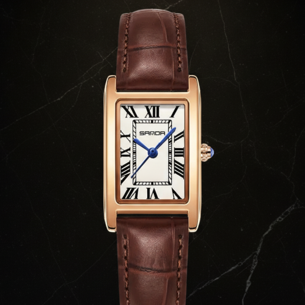Montre carrée femme bracelet cuir — Doré rose, cuir marron