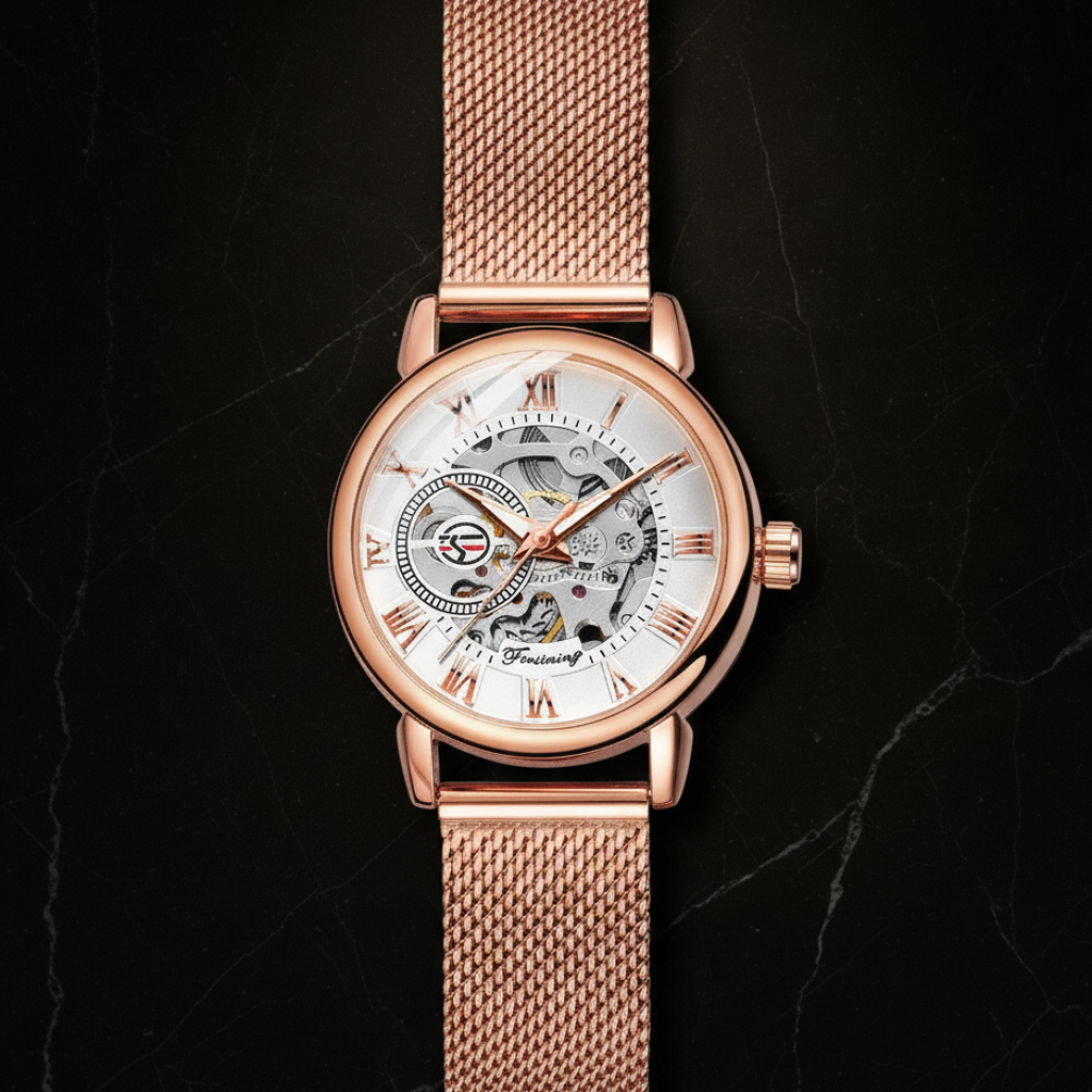 Montre squelette femme bracelet acier — Doré rose, cadran blanc