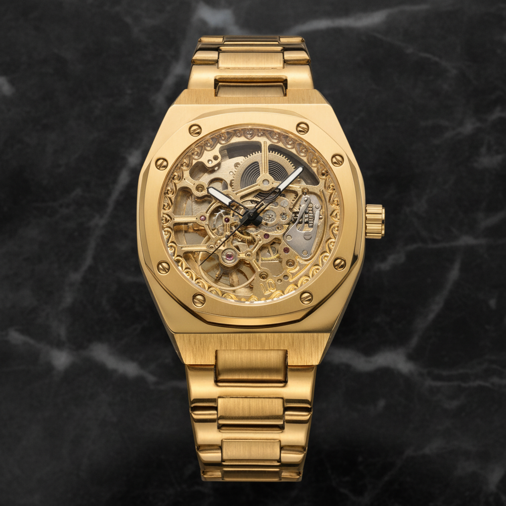 Montre automatique squelette bracelet acier — Doré