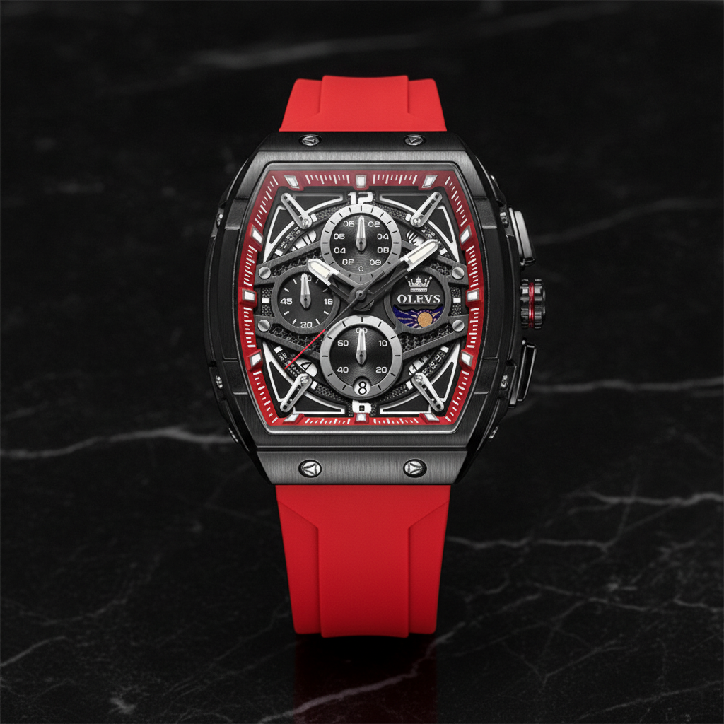 Montre squelette boîtier tonneau bracelet silicone — Rouge