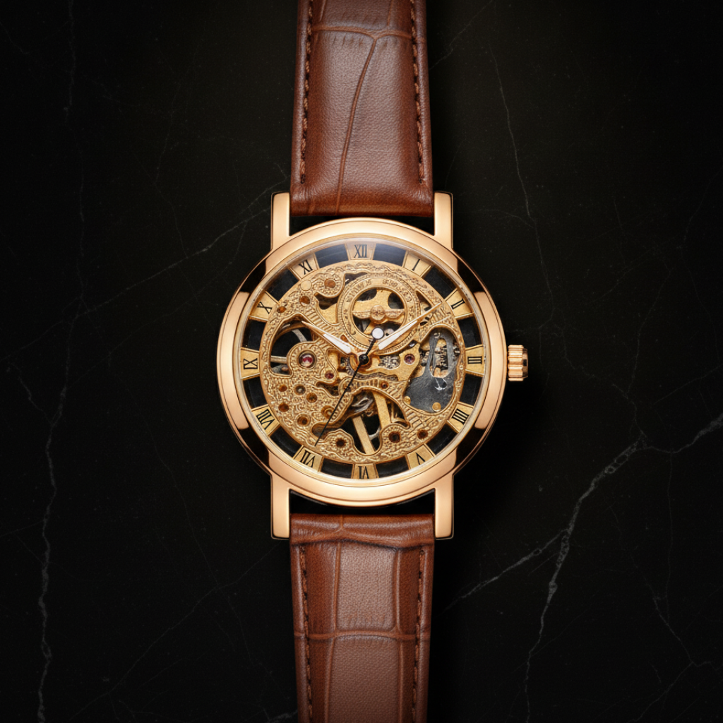 Montre squelette homme bracelet cuir — Cuir marron, boîtier doré rose