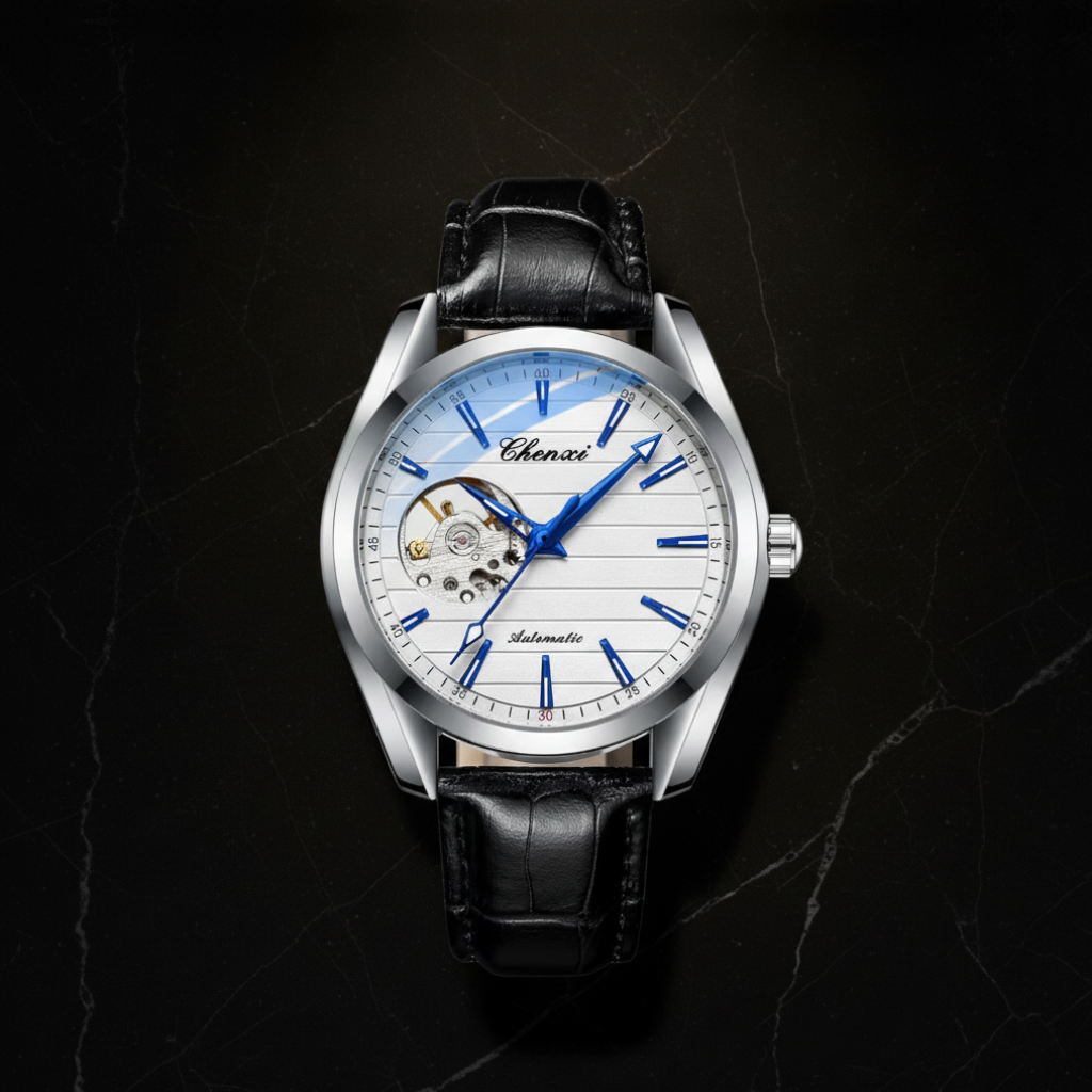 Montre automatique homme bracelet cuir — Cadran blanc