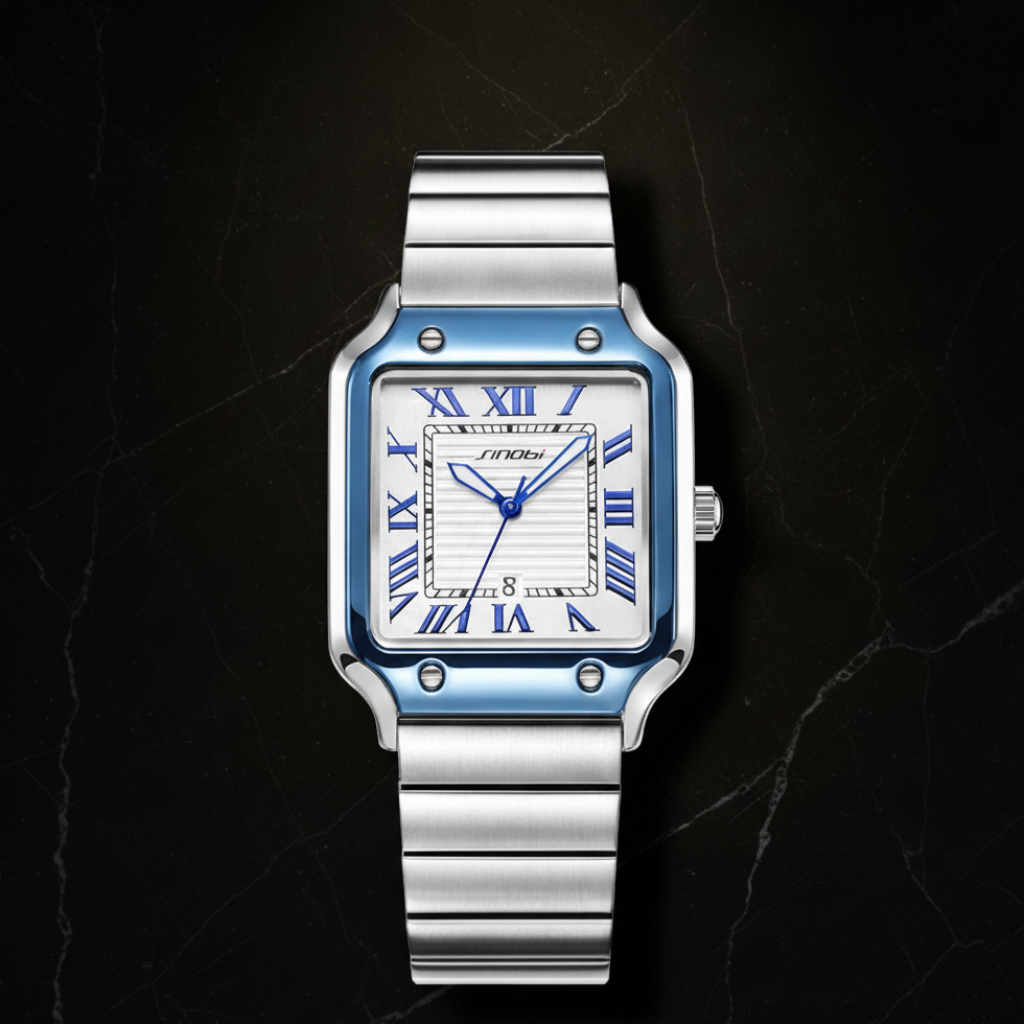 Montre carrée homme bracelet acier — Bleu