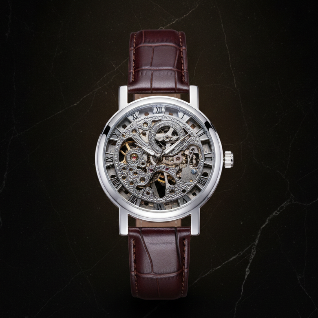 Montre automatique squelette bracelet cuir — Argenté et marron