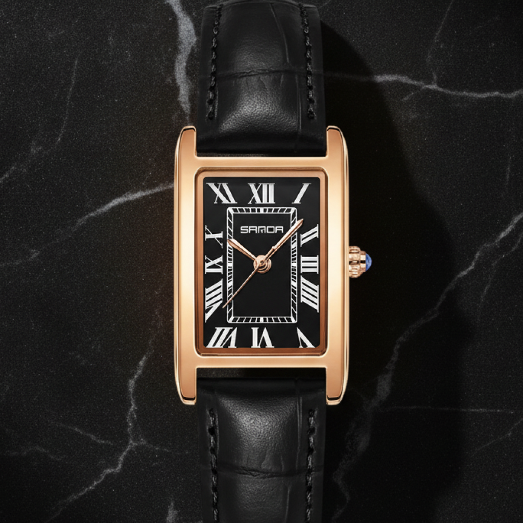 Montre carrée femme bracelet cuir — Doré rose, cadran noir
