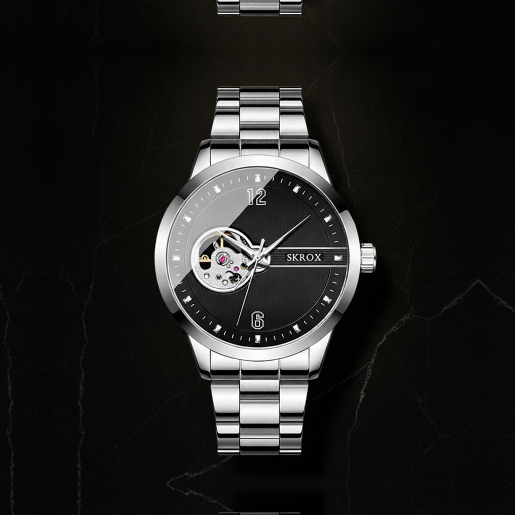 Montre automatique homme bracelet acier — Noir et argenté
