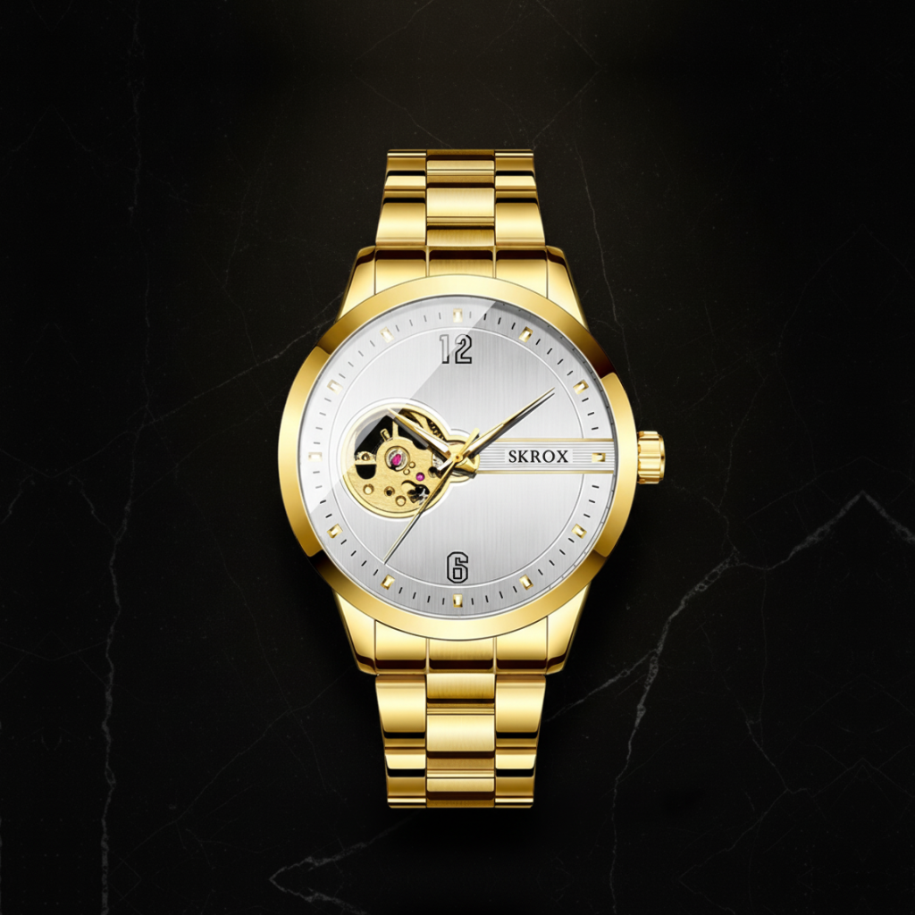 Montre automatique homme bracelet acier — Blanc et doré