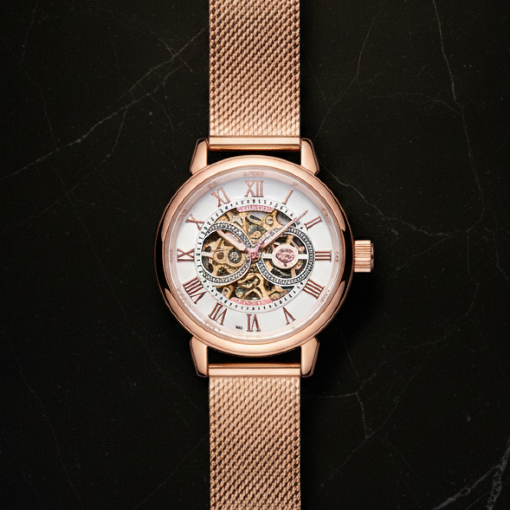 Montre automatique squelette femme bracelet acier — Rose