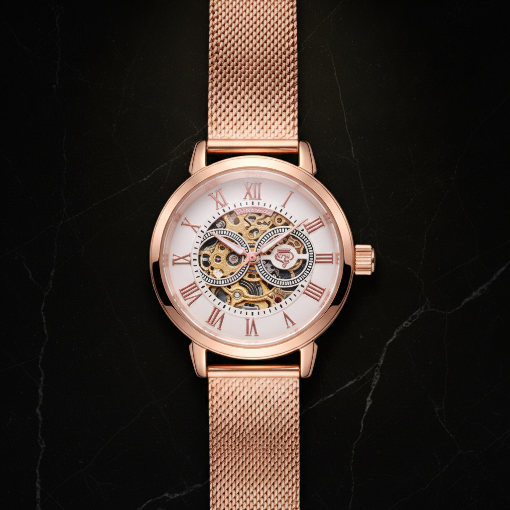 Montre automatique femme squelette bracelet acier — Doré