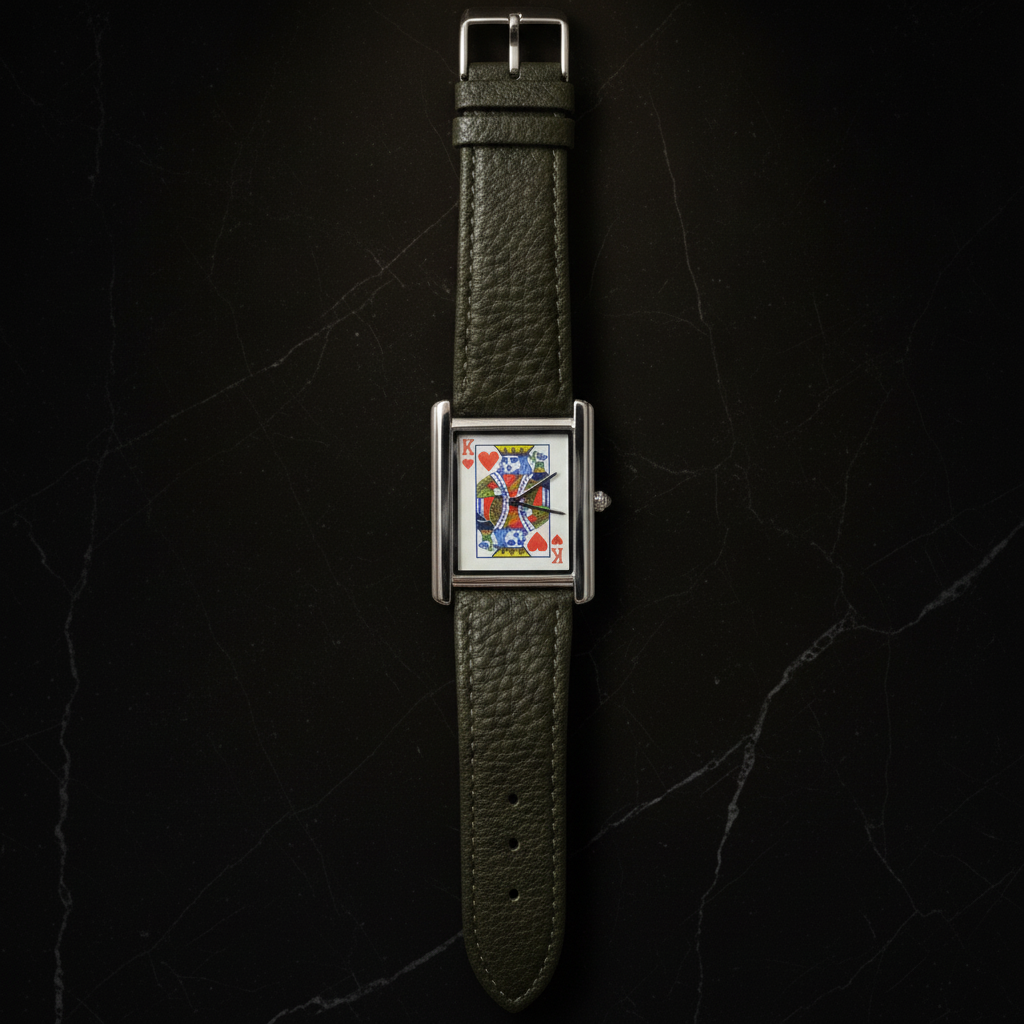 Montre carrée homme étanche — Cadran roi de cœur, cuir noir