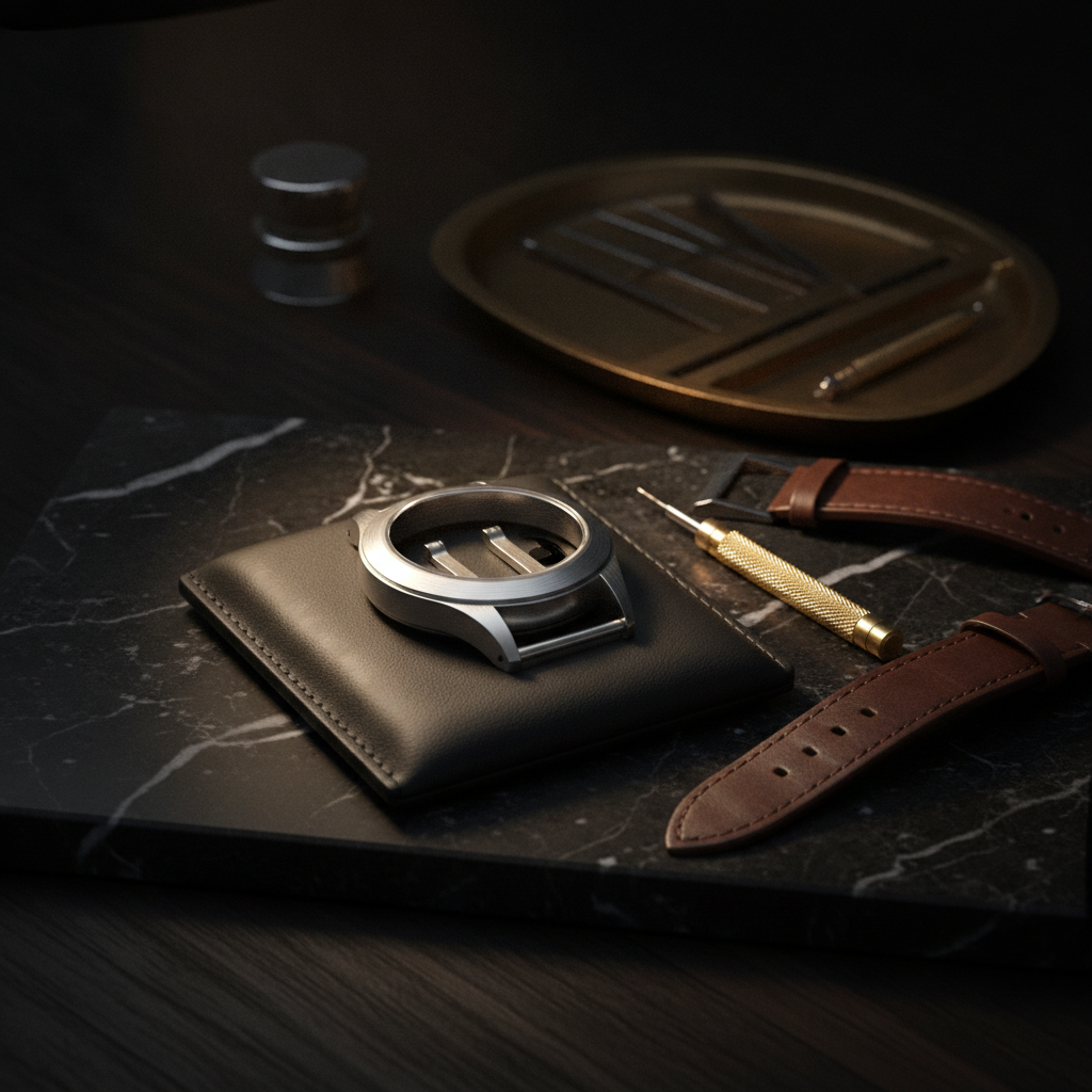 Établi d'horloger garni d'outils de précision pour la manipulation d'un bracelet de montre