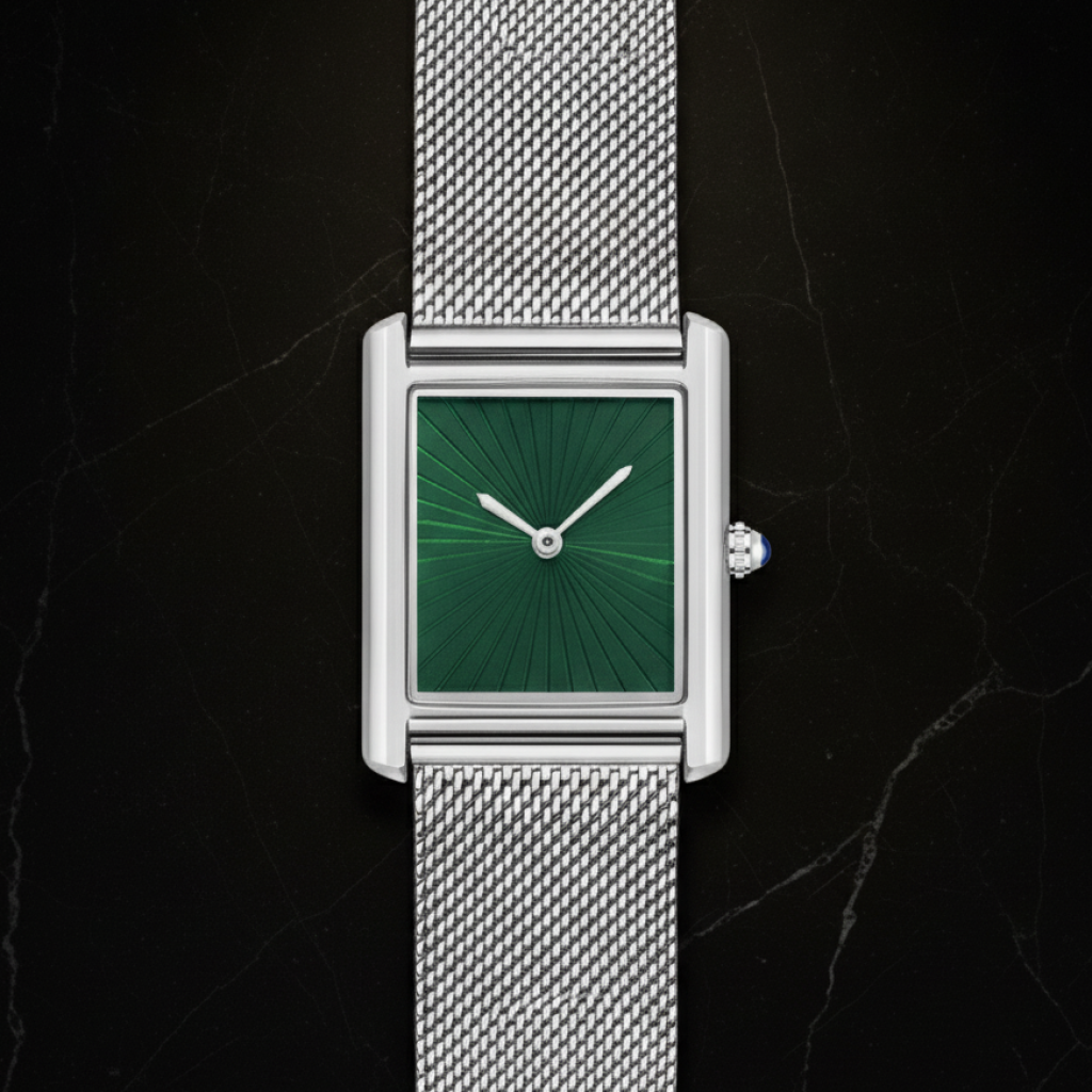 Montre carrée homme étanche — Argenté, cadran vert