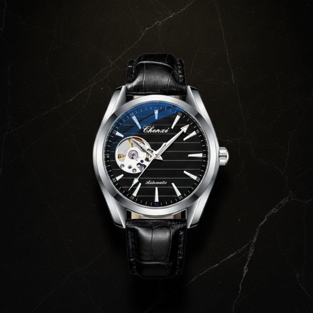 Montre automatique homme bracelet cuir — Cadran noir