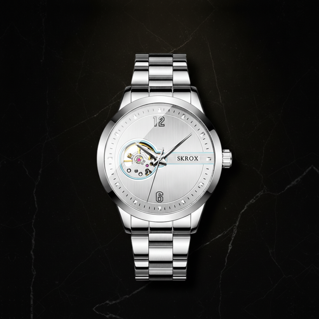 Montre automatique homme bracelet acier — Blanc et argenté