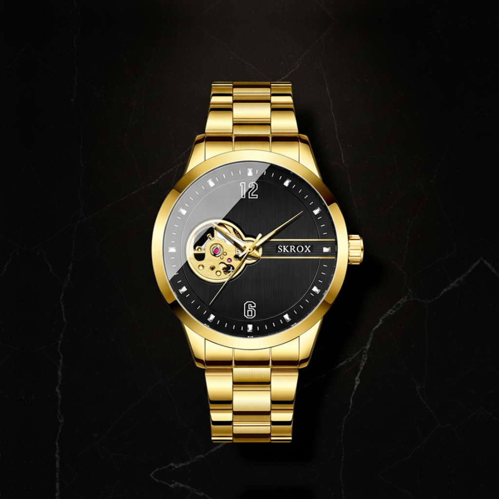 Montre automatique homme bracelet acier — Noir et doré