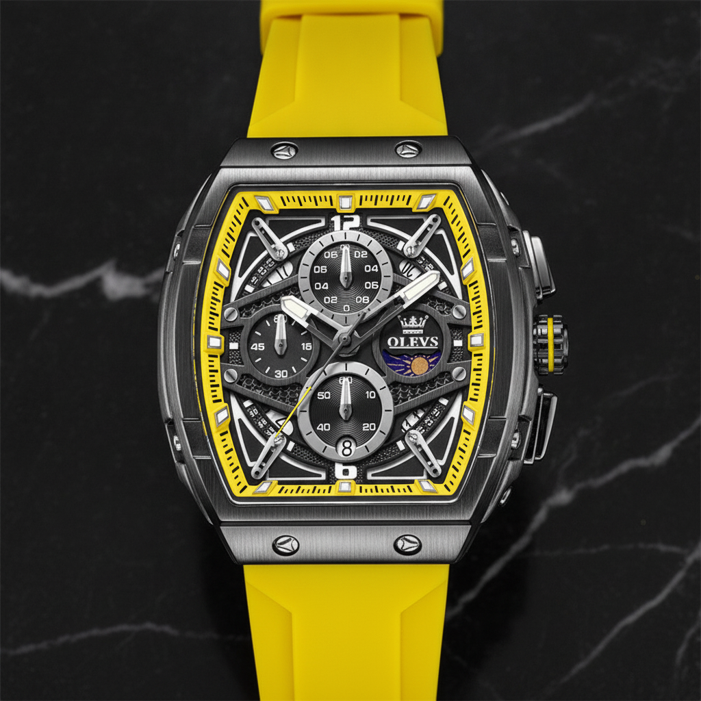 Montre squelette tonneau bracelet silicone — Jaune