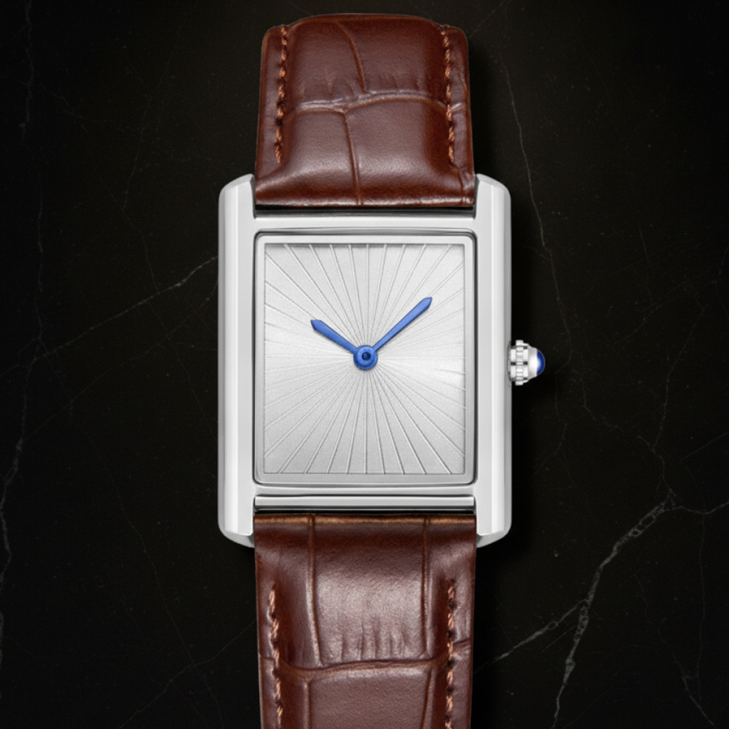 Montre carrée bracelet cuir — Argenté, blanc et marron