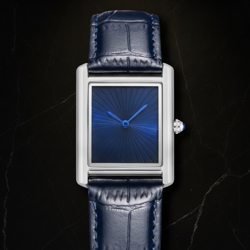 Montre carrée homme deux aiguilles — Cadran bleu, cuir bleu