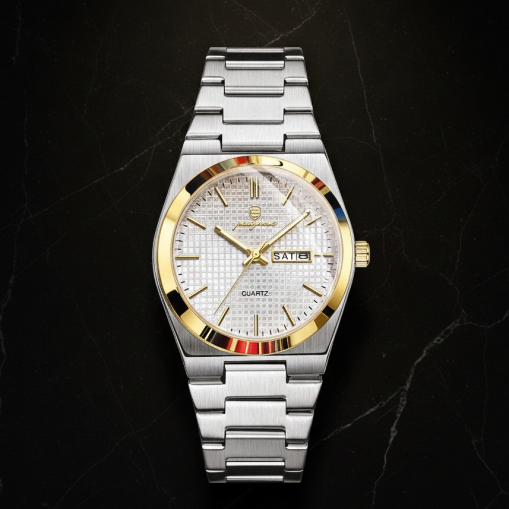 Montre chronographe homme étanche avec date — Doré et blanc