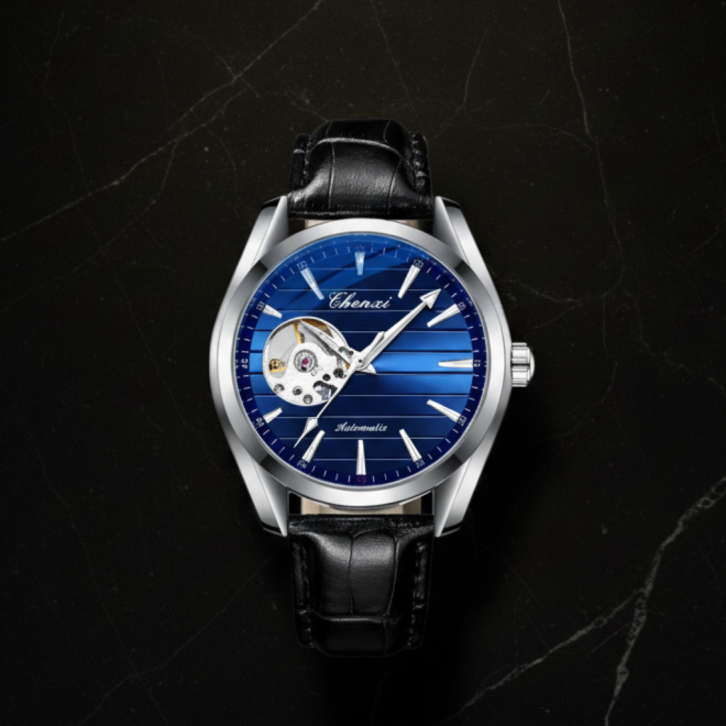 Montre automatique homme bracelet cuir — Cadran bleu
