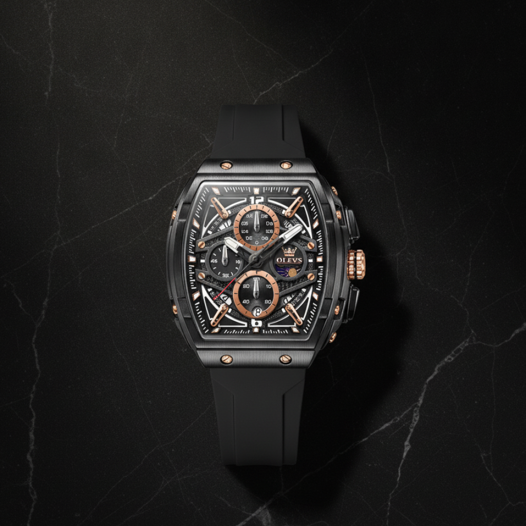Montre squelette tonneau bracelet silicone — Tout noir