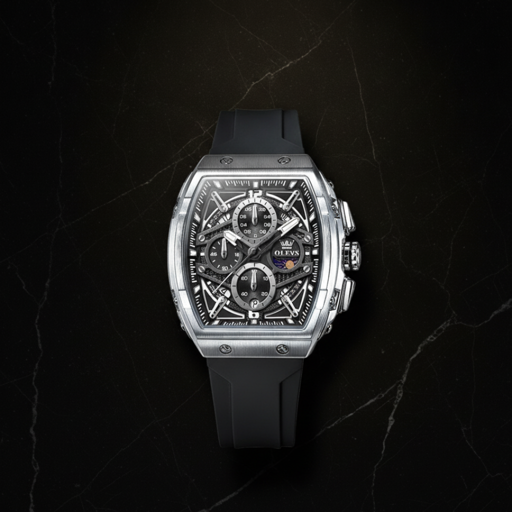 Montre squelette tonneau bracelet en silicone — Argenté et noir