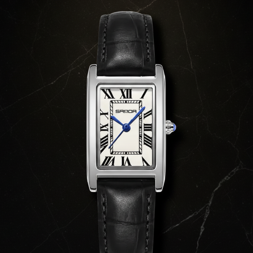 Montre carrée femme bracelet cuir — Argenté, cadran blanc