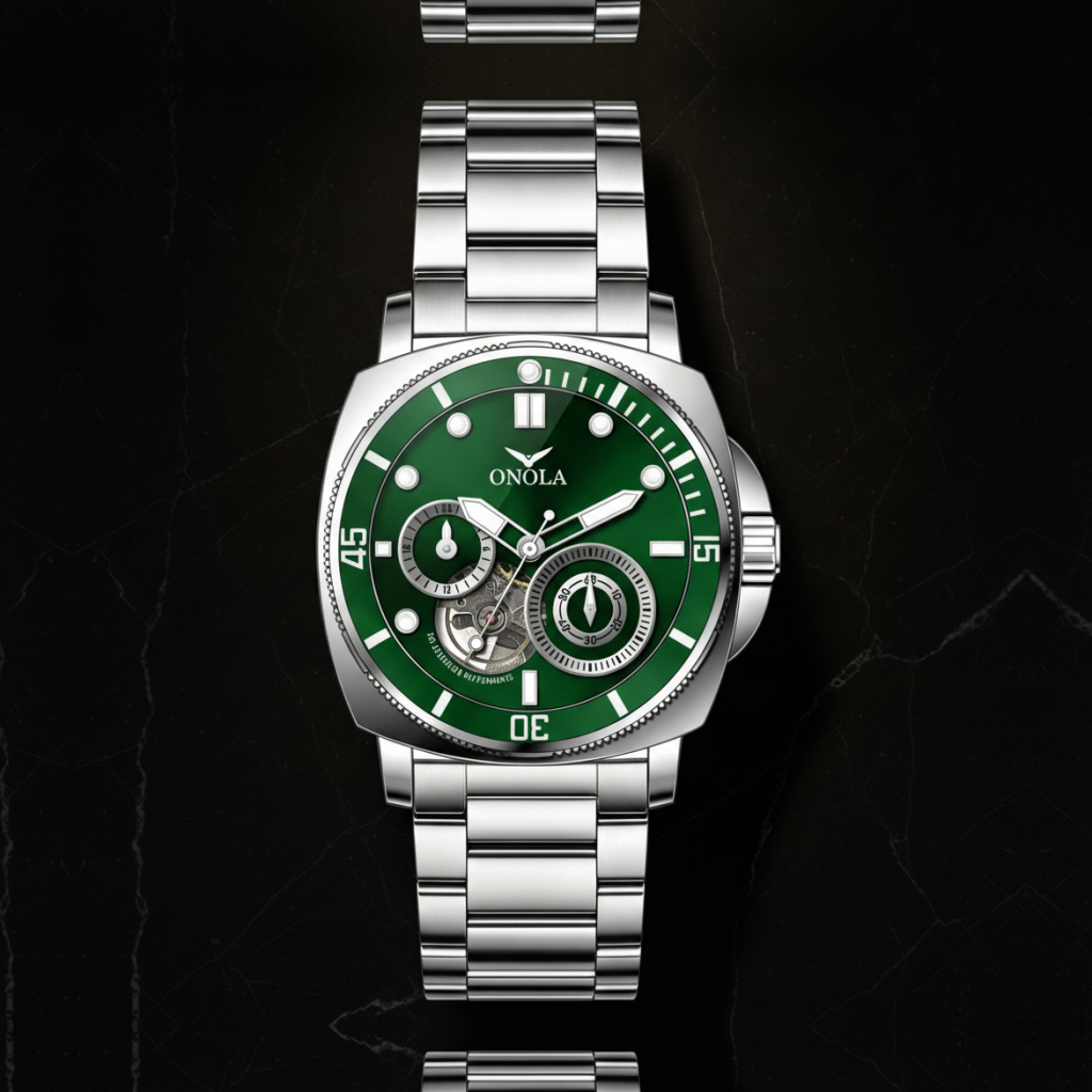Montre automatique squelette bracelet acier — Argenté et vert