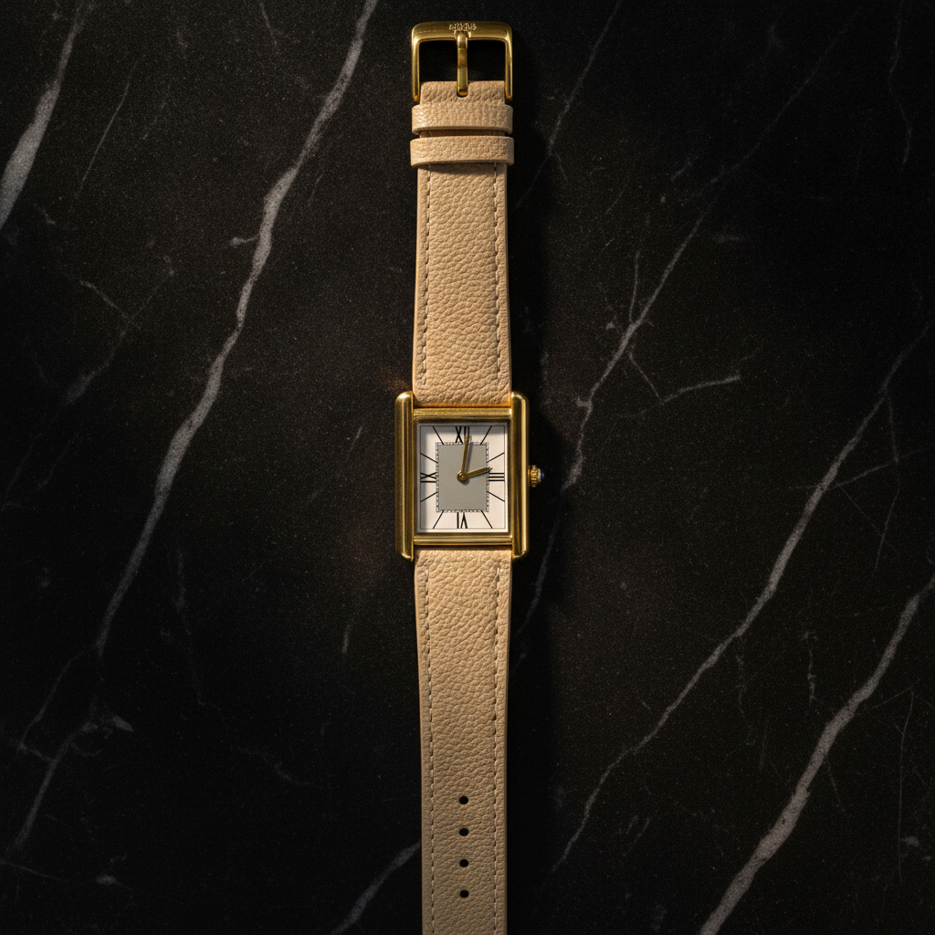 Montre carrée homme étanche — Doré, cuir beige