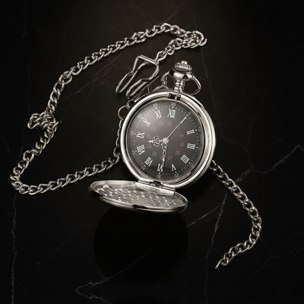 Montre à gousset chiffres romains chaîne 37 cm — Argenté et noir