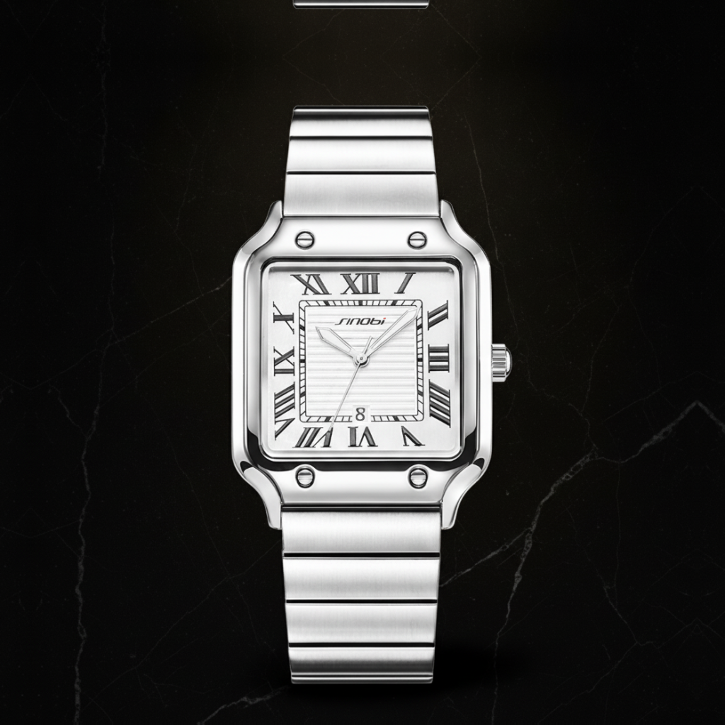 Montre carrée homme bracelet acier — Argenté