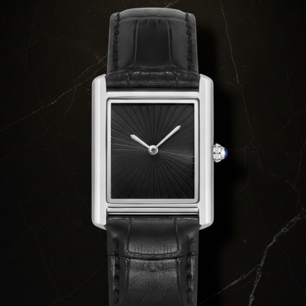 Montre carrée homme deux aiguilles — Cadran noir, cuir noir