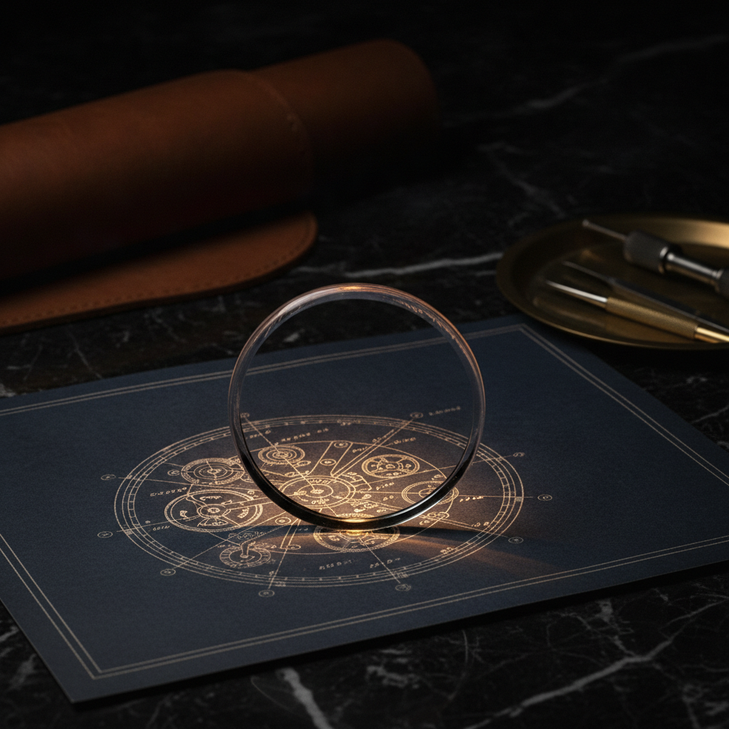 Atelier d'horlogerie avec outils de précision disposés pour le montage d'un composant transparent