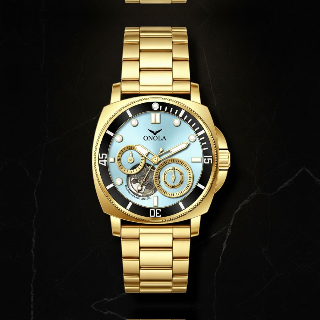 Montre automatique squelette homme bracelet acier — Doré et bleu