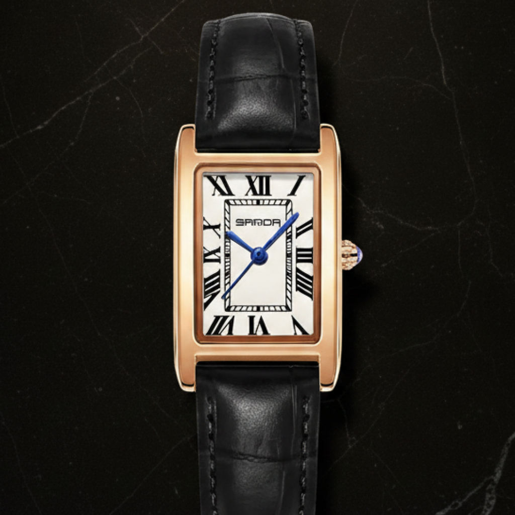 Montre carrée femme bracelet cuir — Doré rose, cadran blanc