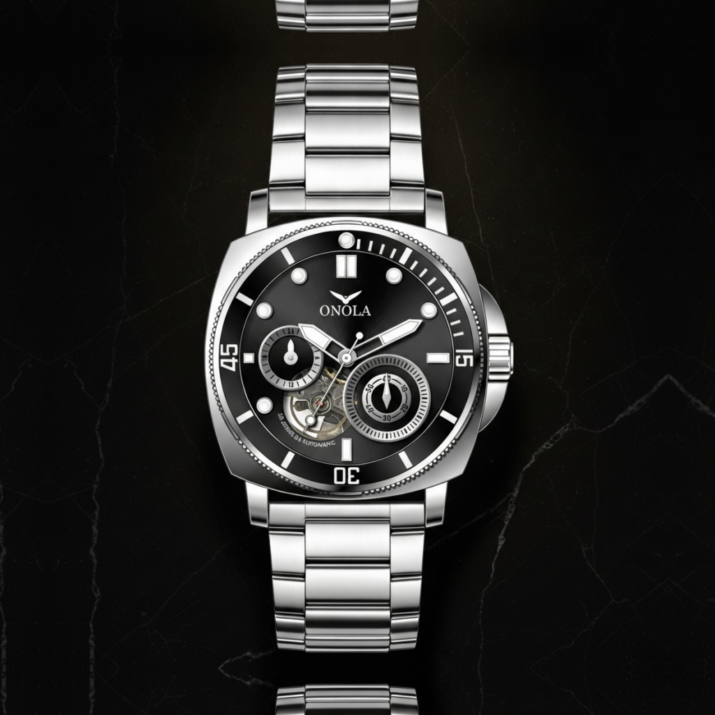 Montre automatique squelette bracelet acier — Argenté et noir