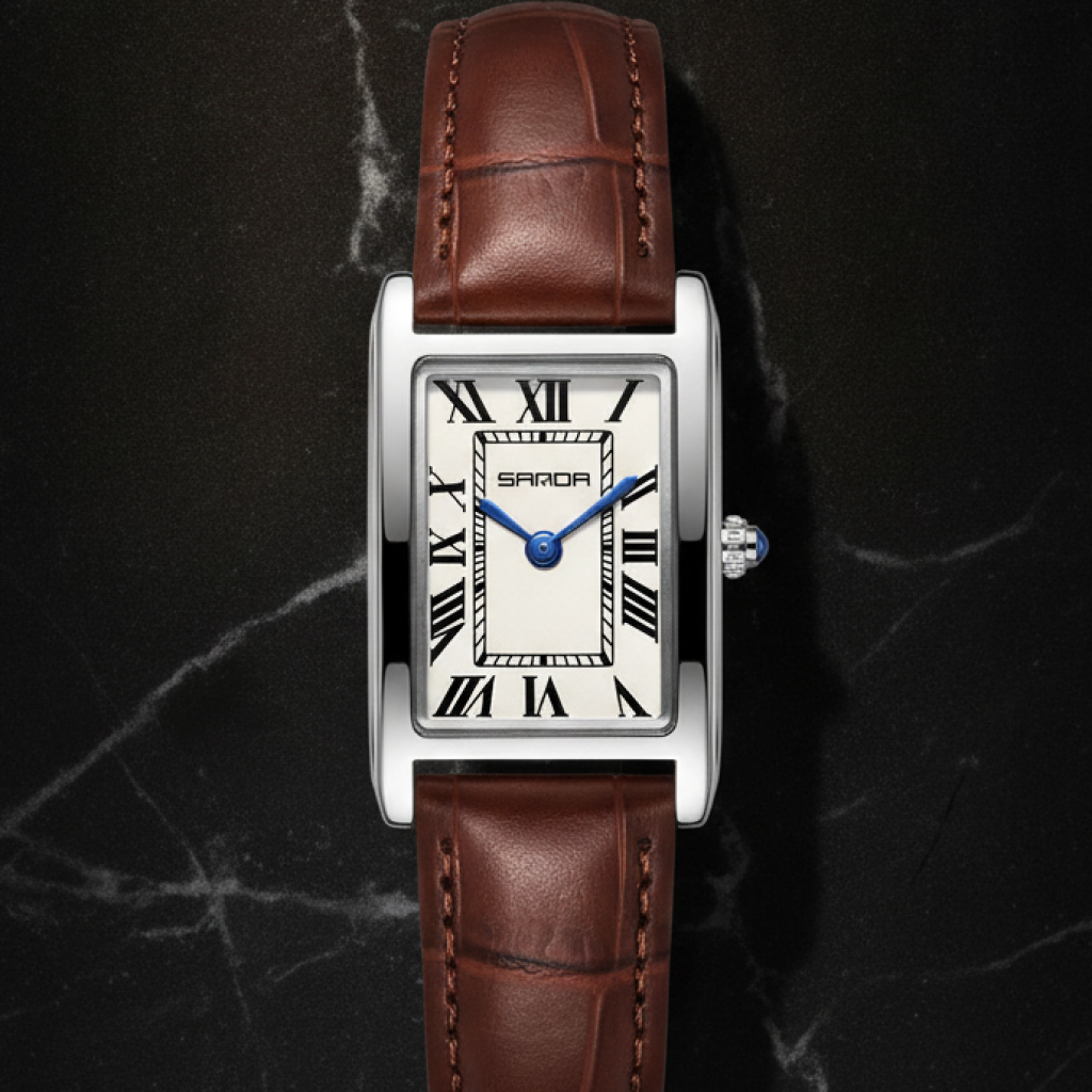 Montre carrée femme bracelet cuir — Argenté, cuir marron