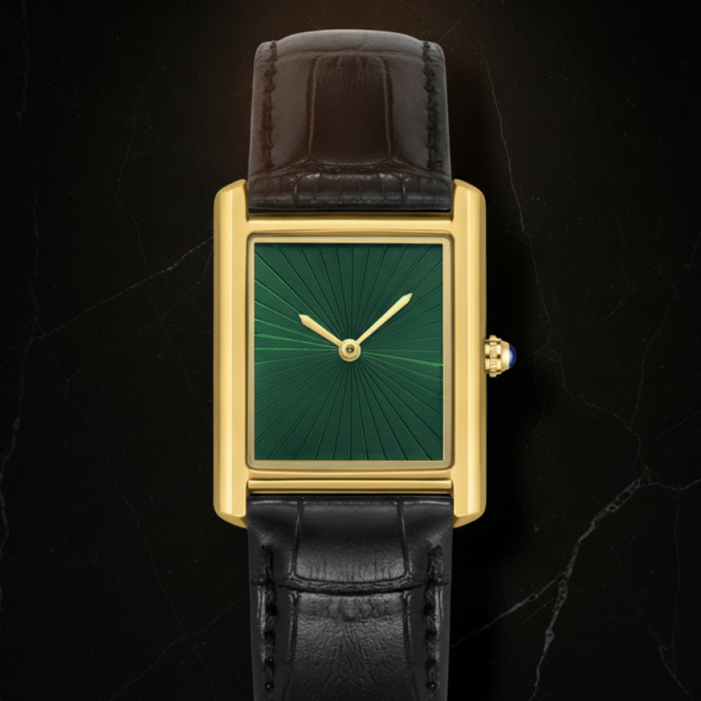 Montre carrée bracelet cuir — Doré, vert et noir