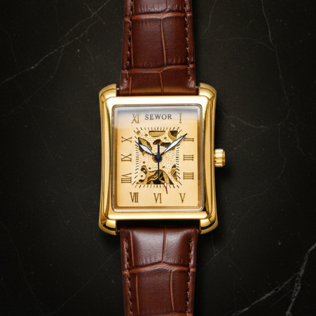 Montre squelette rectangulaire double face — Doré