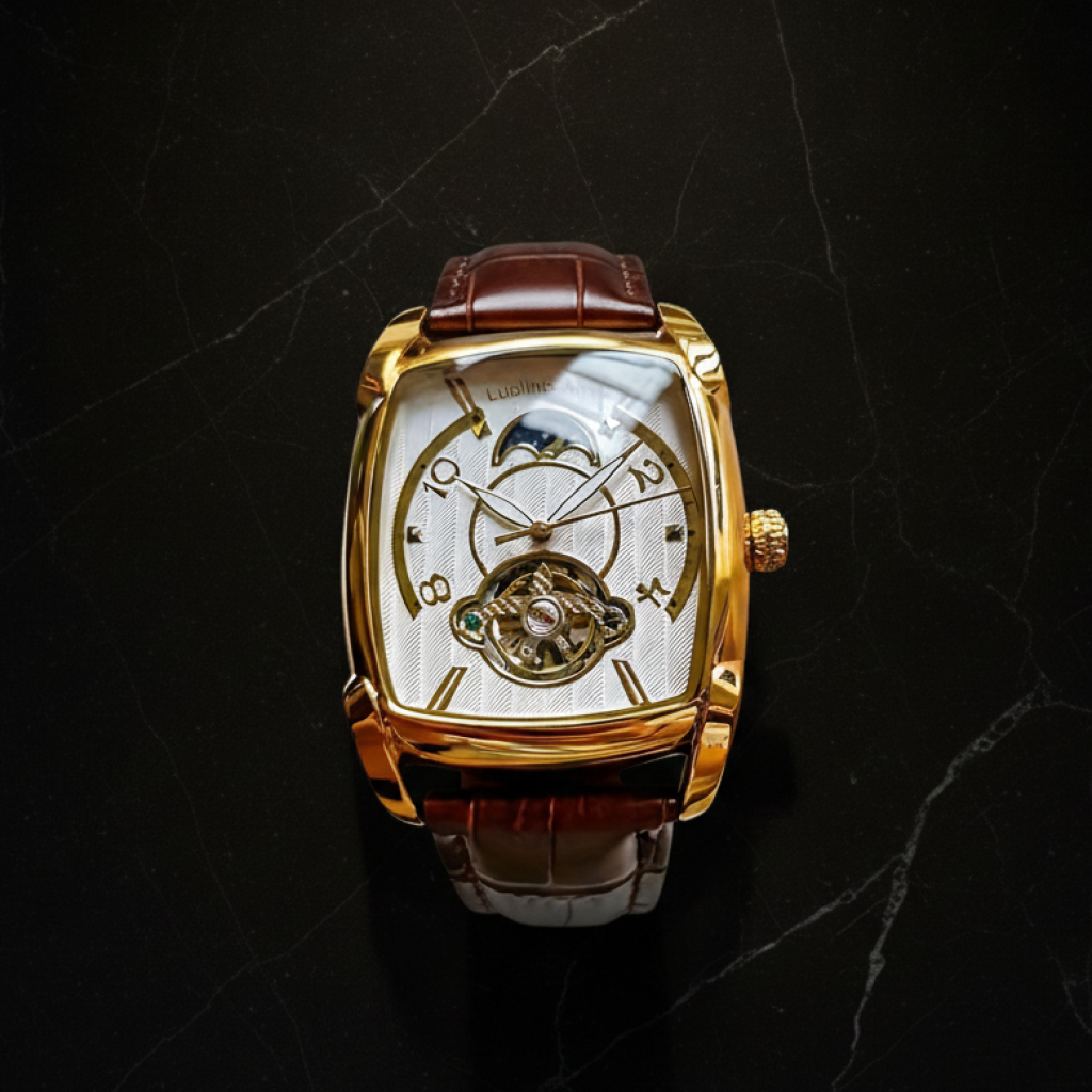 Montre automatique squelette forme tonneau — Brun