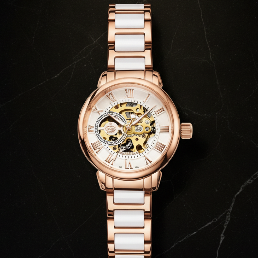 Montre automatique squelette femme bracelet céramique — Doré rose et blanc