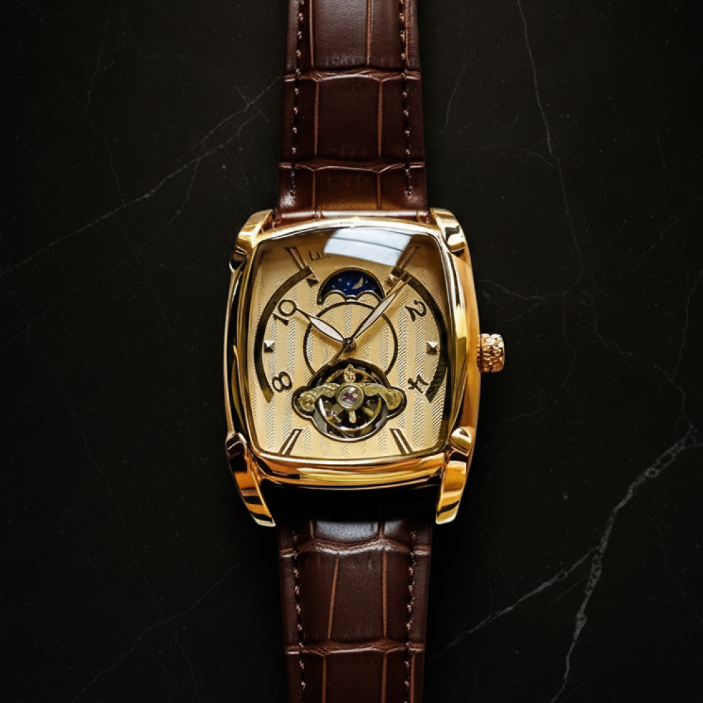 Montre automatique squelette homme forme tonneau — Jaune