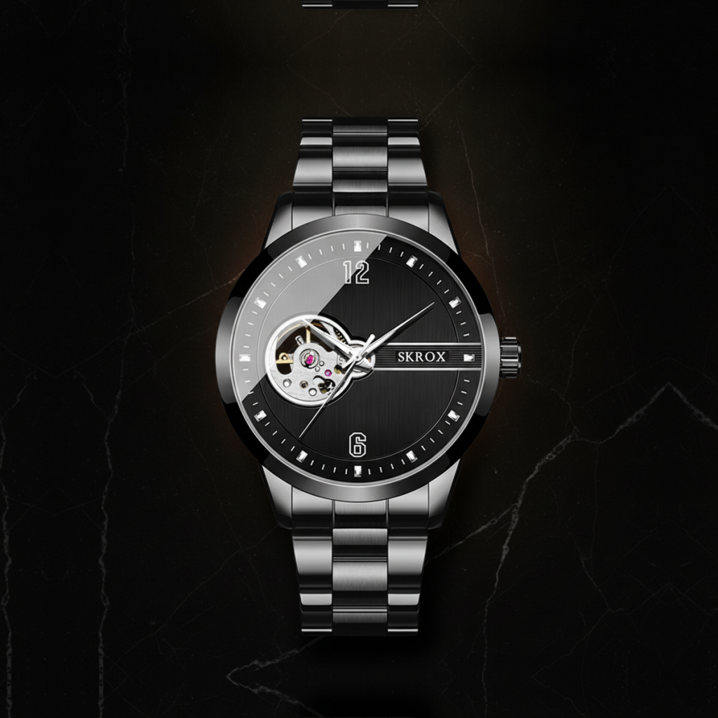 Montre automatique homme bracelet acier — Tout noir